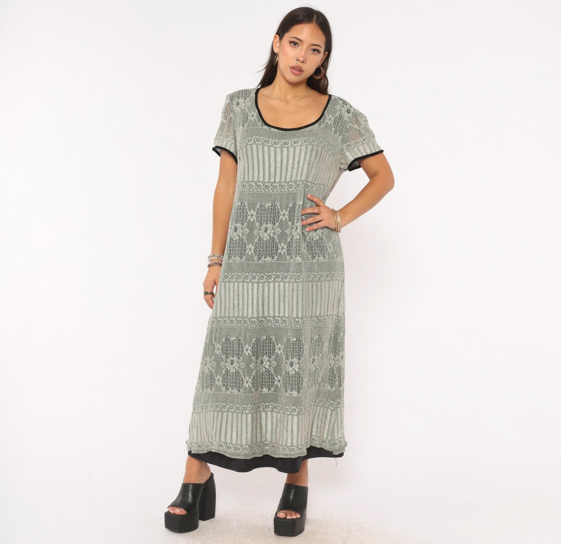 90s Grey Diamond Lace Knit Maxi Dress A-Line Short Sleeve Large L