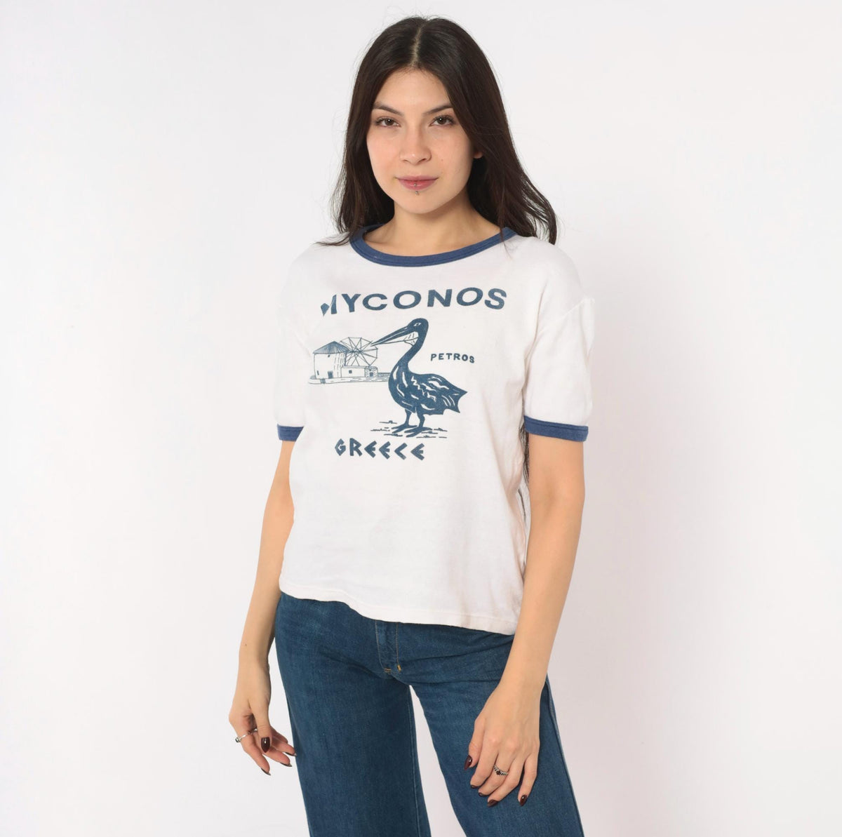 80s Mykonos Greece Ringer Tee White Navy Pelican Windmill Cotton Medium