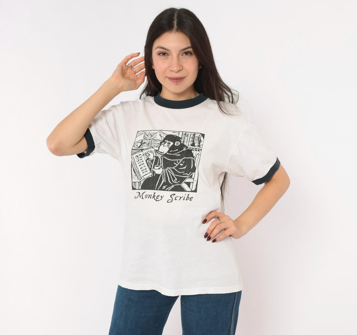 90s Anvil Monkey Scribe Ringer Tee Woodcut Print White Black Small