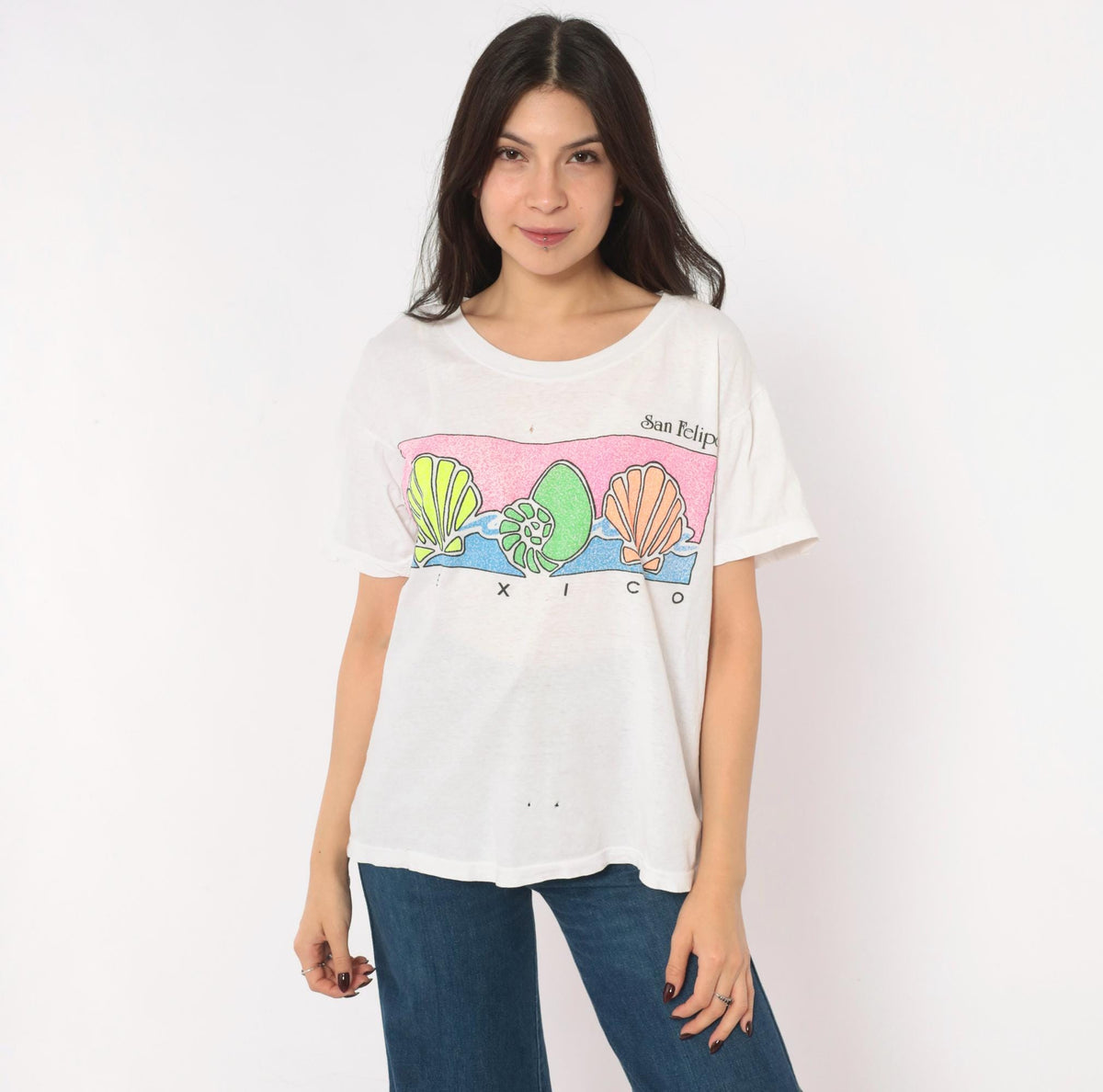 90s San Felipe Mexico Souvenir Tee White Cotton Neon Shell Graphic Medium