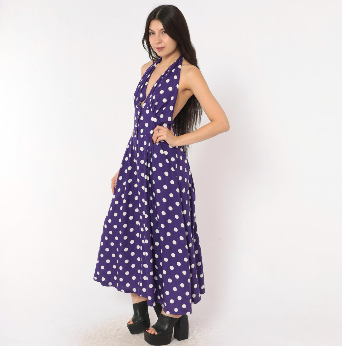 Y2K Purple White Polka Dot Halter Midi Dress Backless Rayon Large