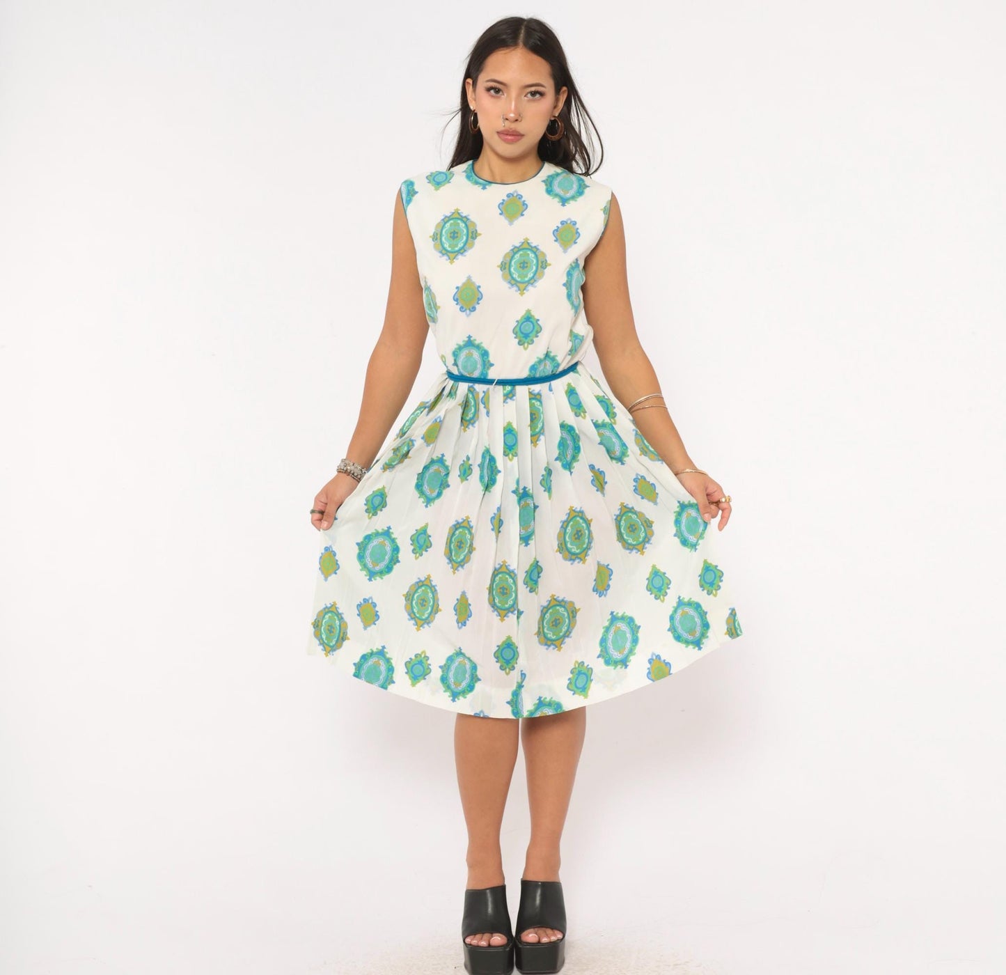 60s R & K Originals Medallion Print Dress Teal White Pleated A-Line Medium