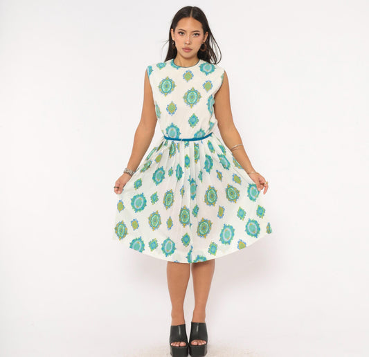 60s R & K Originals Medallion Print Dress Teal White Pleated A-Line Medium