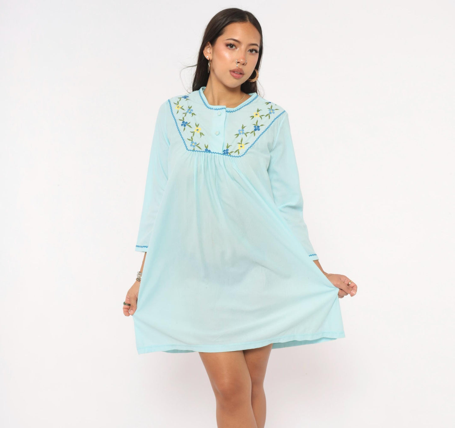80s Sears Embroidered Floral Nightgown Baby Blue Button Front Mini Small