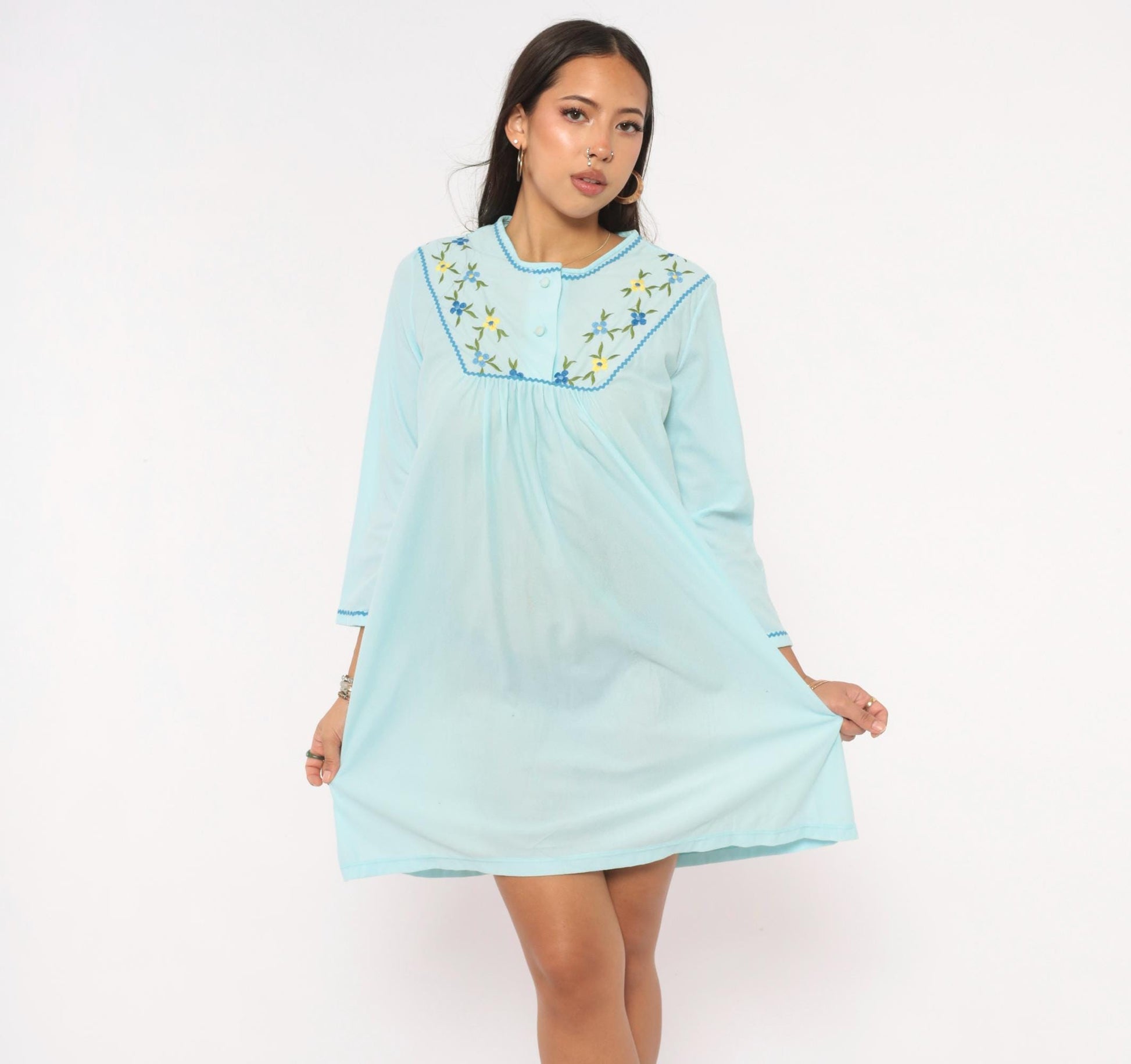 80s Sears Embroidered Floral Nightgown Baby Blue Button Front Mini Small