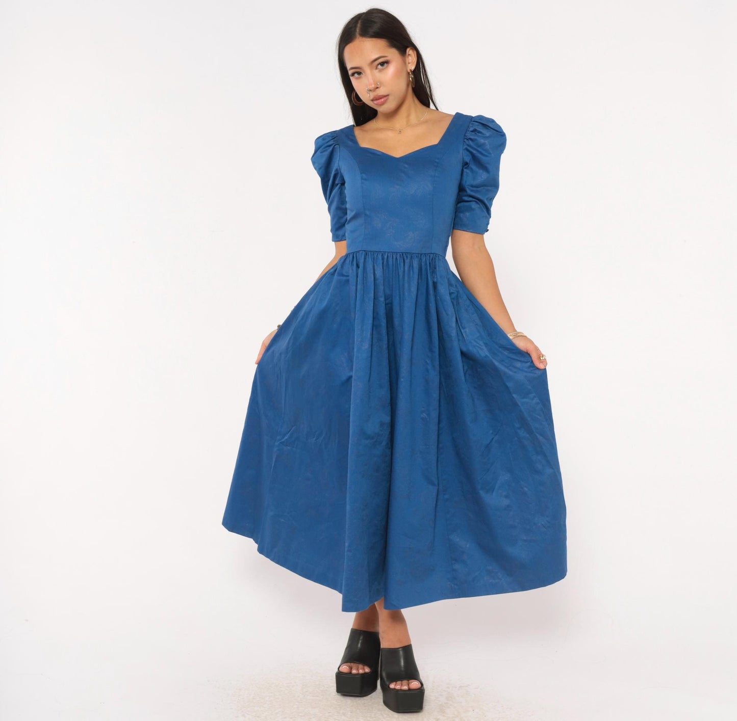 80s Laura Ashley Midi Dress Blue Cotton Puff Sleeve Sweetheart Neckline Extra Small XS