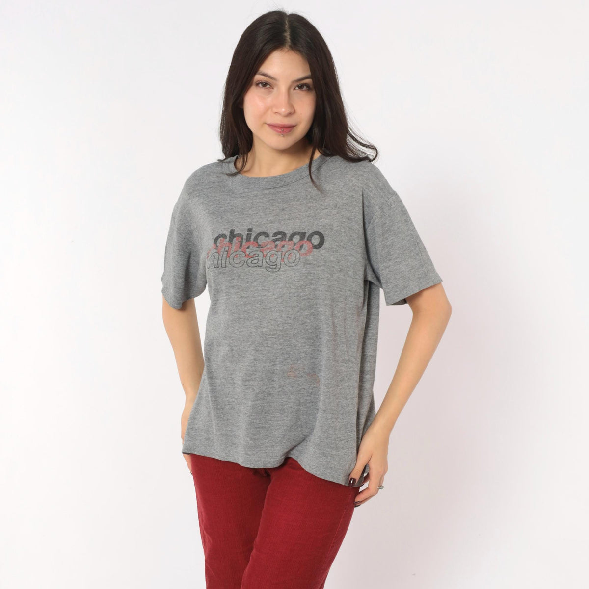 90s Russell Athletic Chicago Graphic Tee Grey Heather Cotton Medium