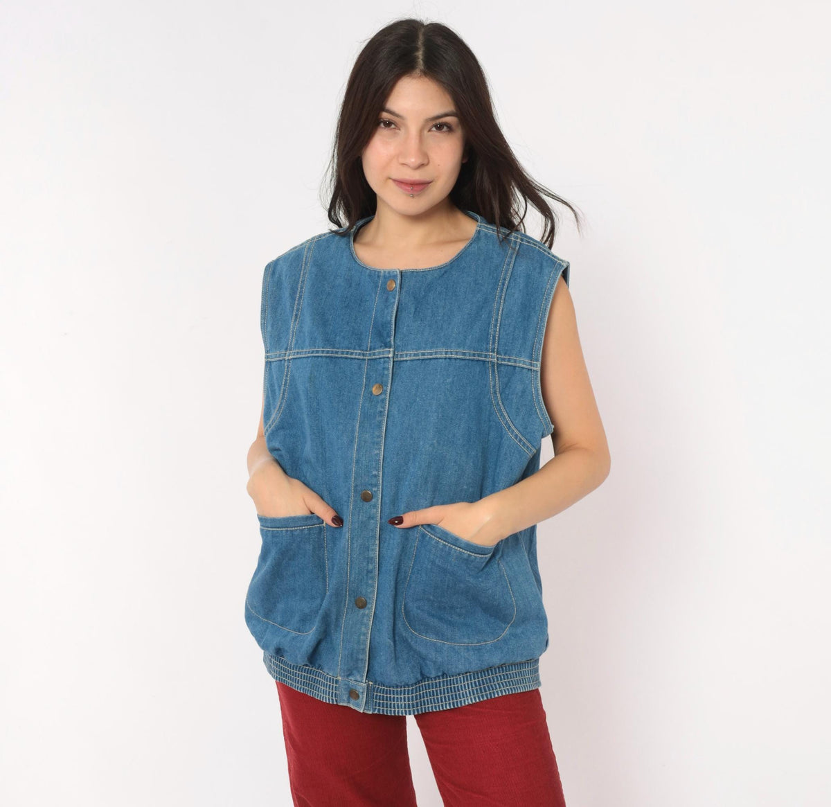 90s Juleigh Jean Denim Vest Blue Snap Button Sleeveless Large L