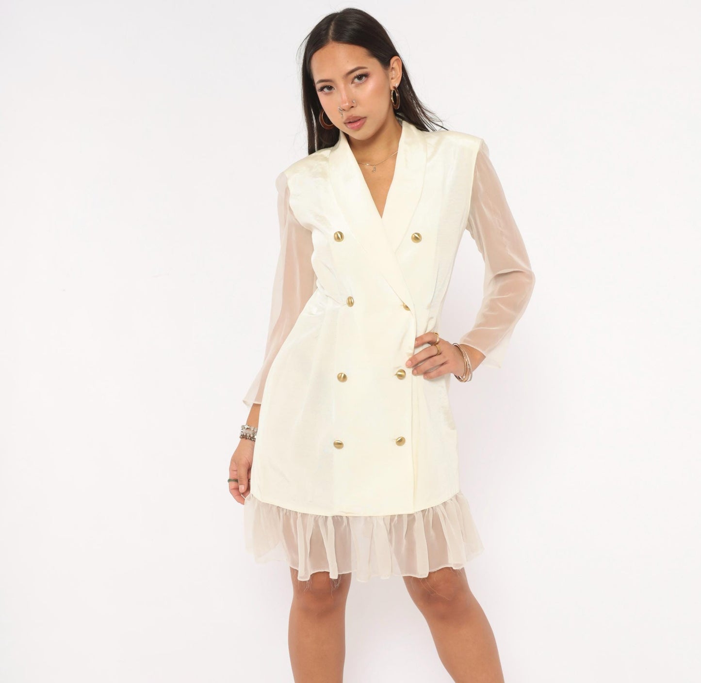 90s Cream Double Breasted Blazer Dress Gold Buttons Sheer Organza Mini Large L
