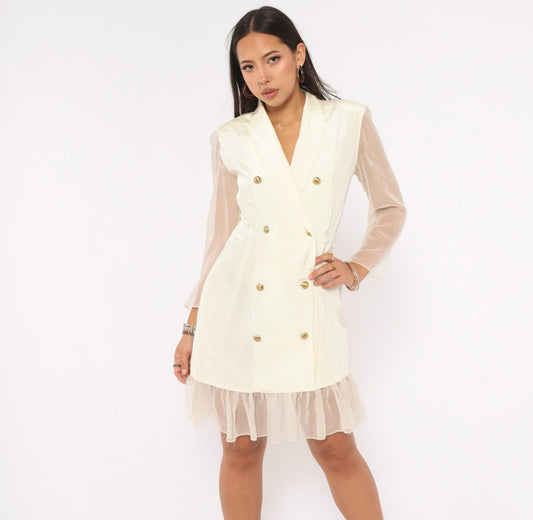 90s Cream Double Breasted Blazer Dress Gold Buttons Sheer Organza Mini Large L