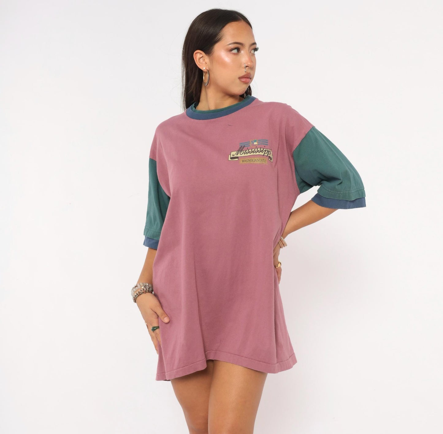 90s Mississippi Magnolia State Color Block Tee Mauve Teal Cotton Extra Large