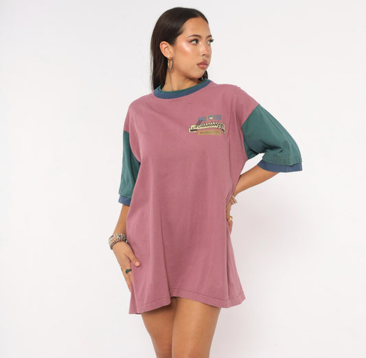90s Mississippi Magnolia State Color Block Tee Mauve Teal Cotton Extra Large