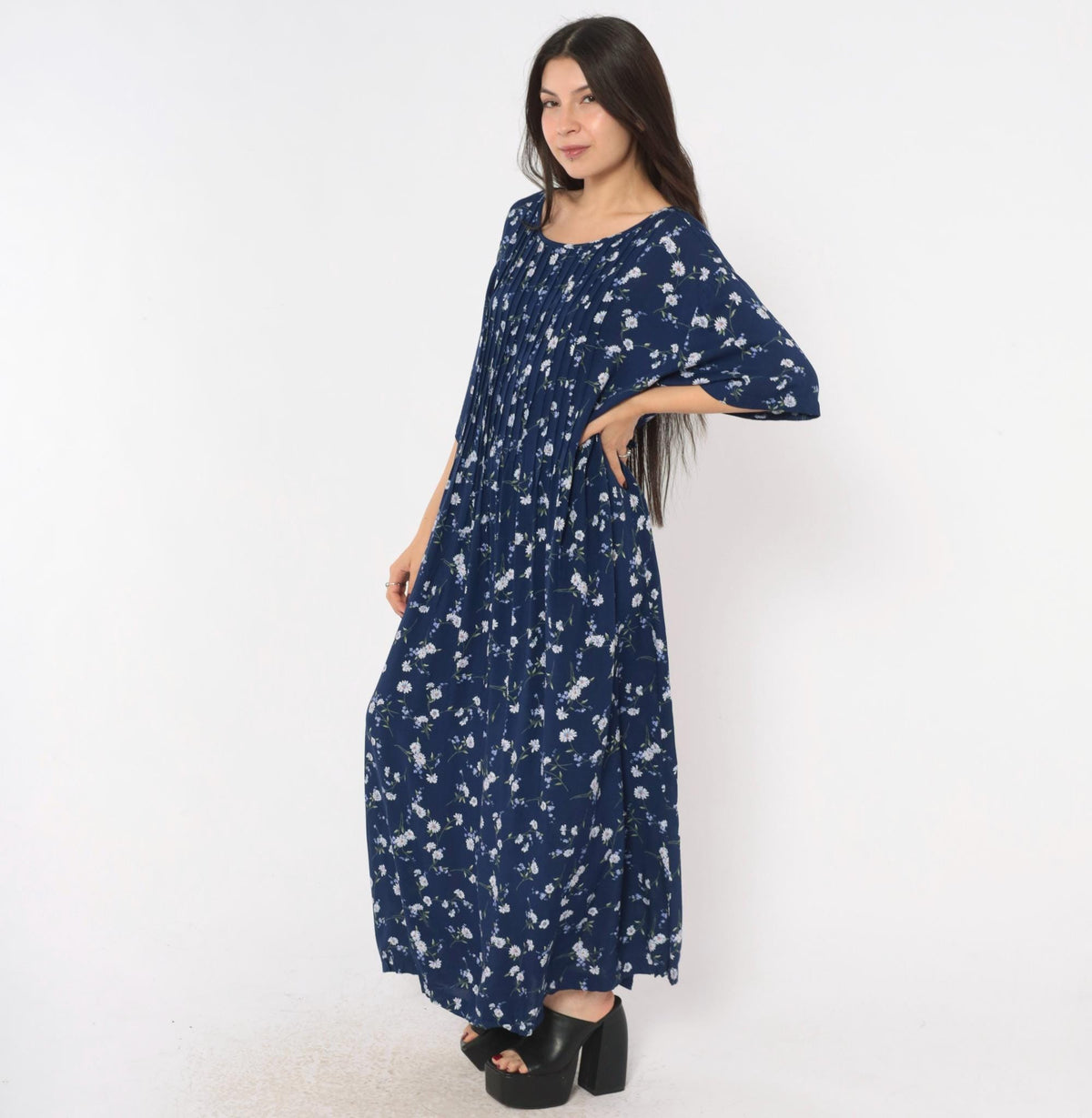 90s Navy Floral Rayon Dress Pintuck Daisy Print Tie Back Ankle Maxi Plus Size 3X