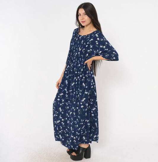 90s Navy Floral Rayon Dress Pintuck Daisy Print Tie Back Ankle Maxi Plus Size 3X