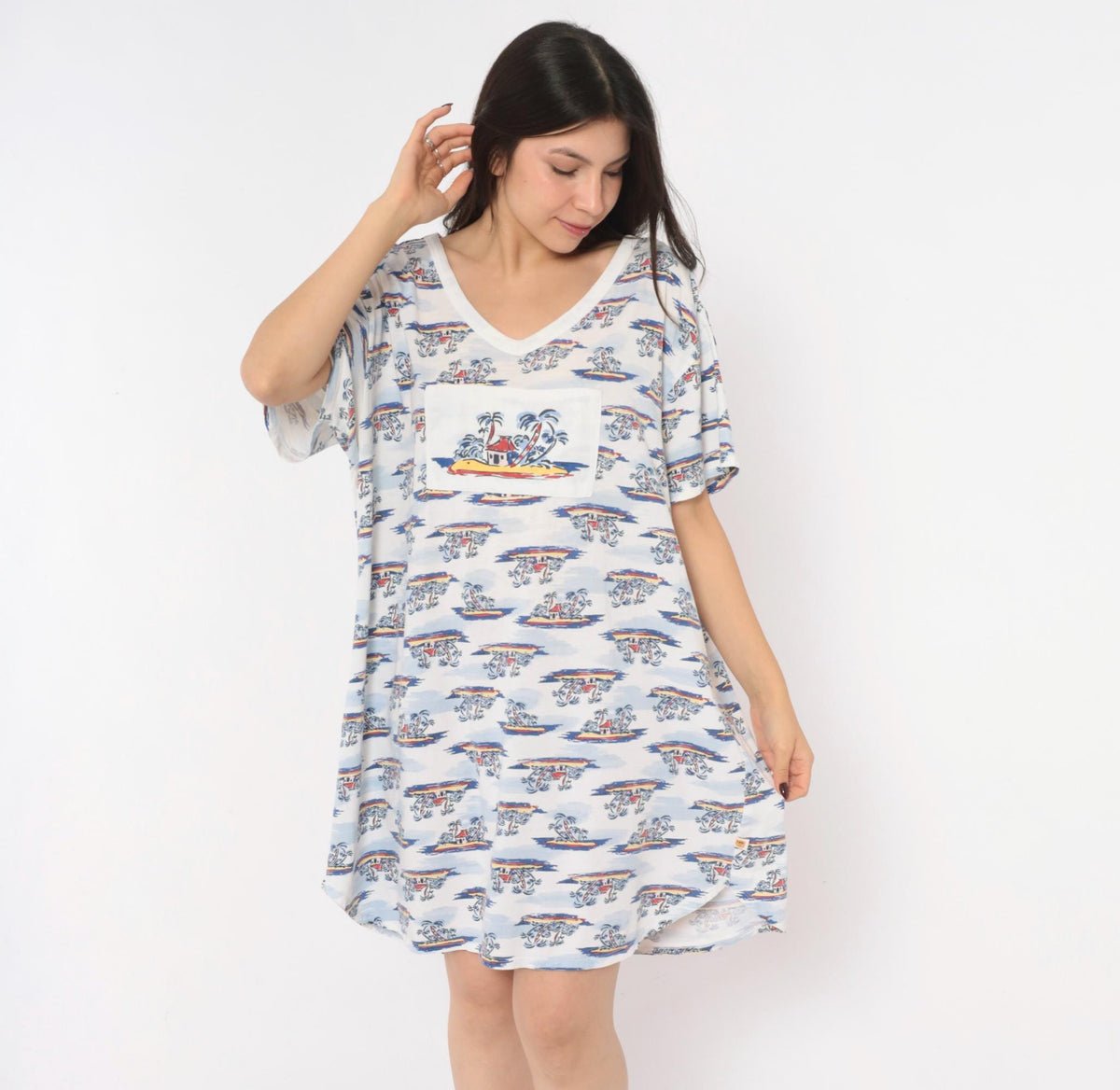 90s Down Under Tropical Palm Tree T-Shirt Dress White Blue Cotton One Size