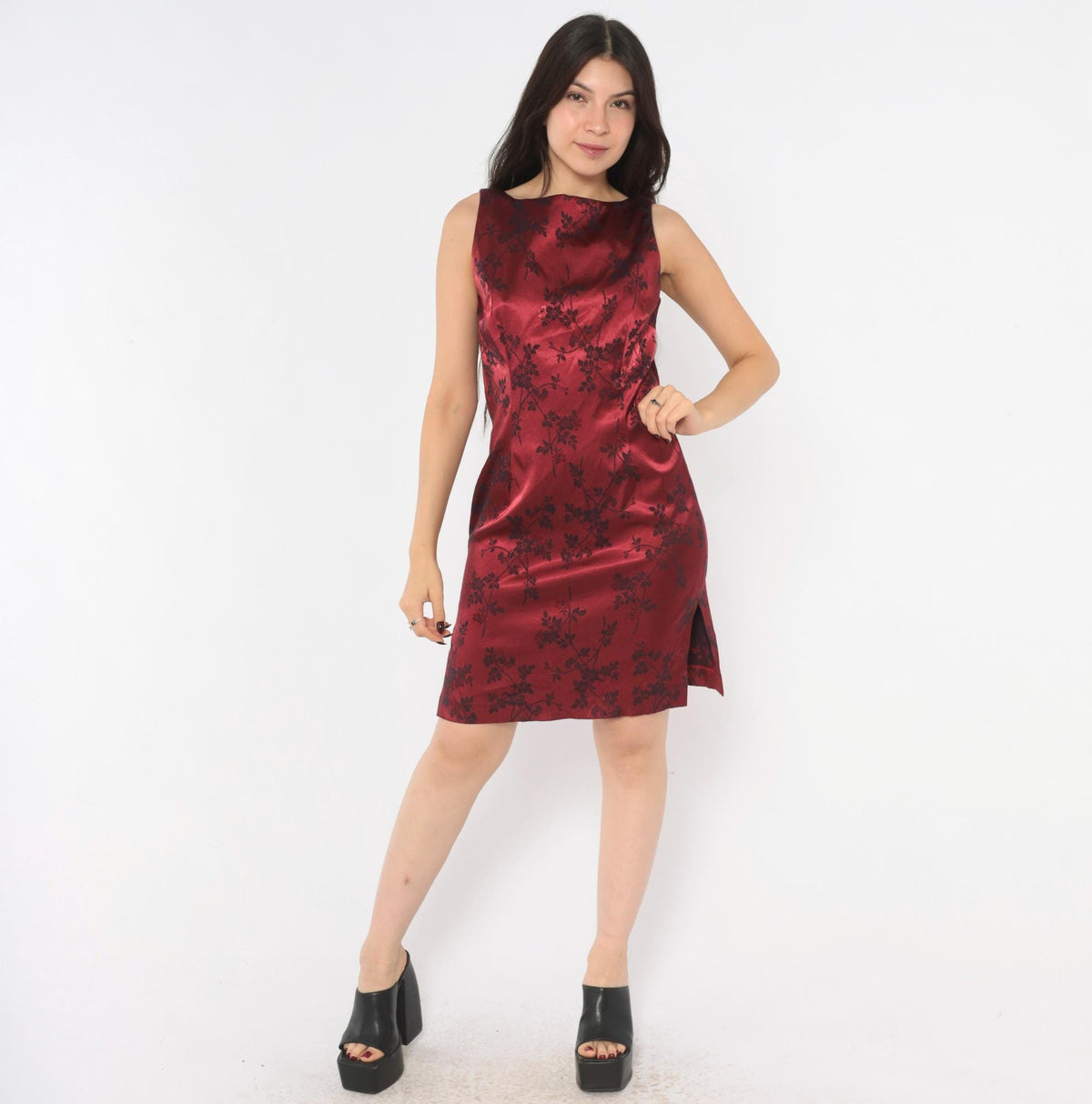90s Esprit Wine Red Floral Jacquard Sheath Dress Sleeveless Small S