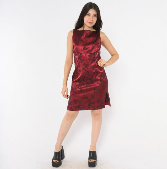 90s Esprit Wine Red Floral Jacquard Sheath Dress Sleeveless Small S