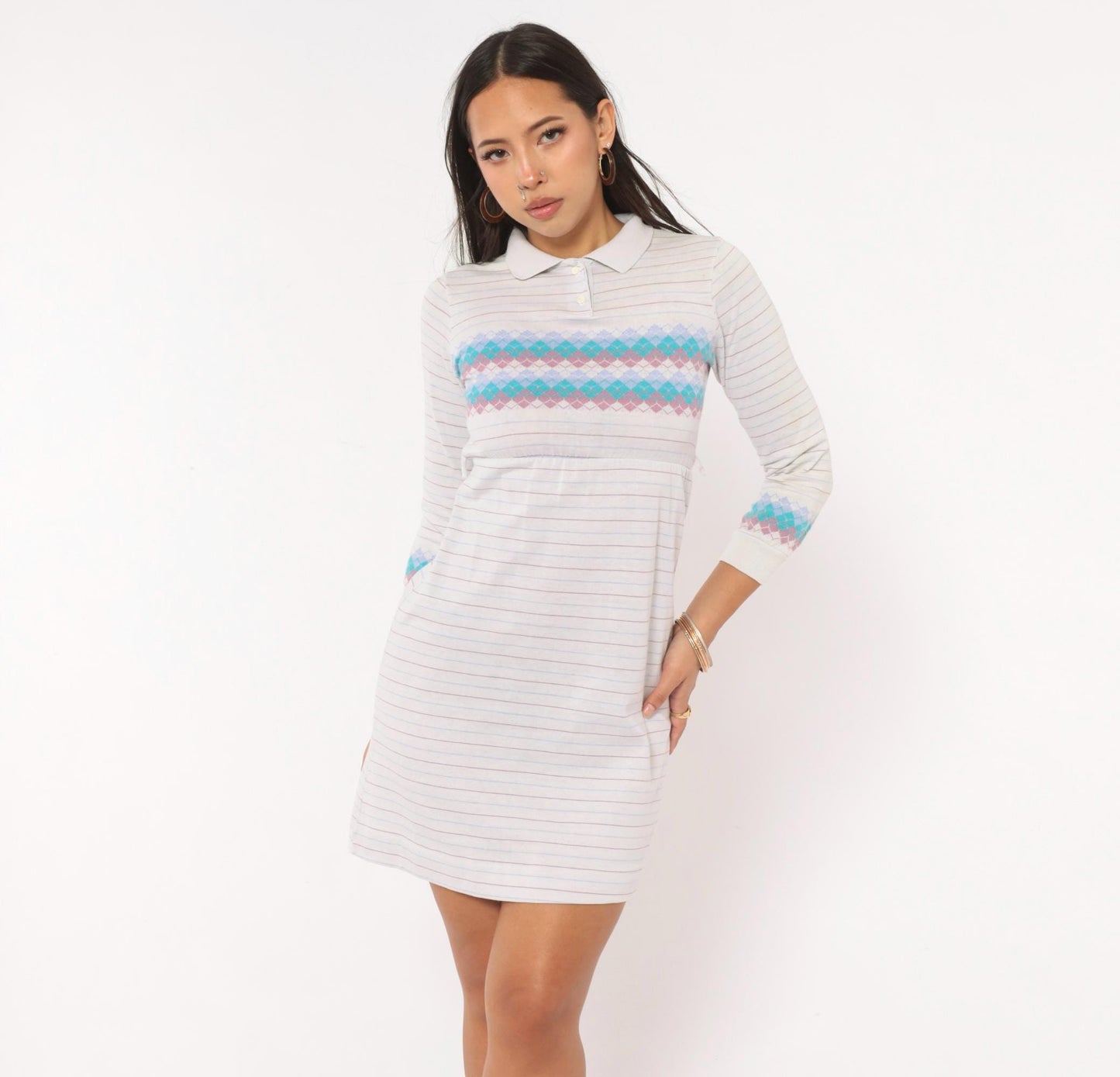 80s Health-Tex Argyle Polo Dress Grey Teal Lavender Mini Cotton XS