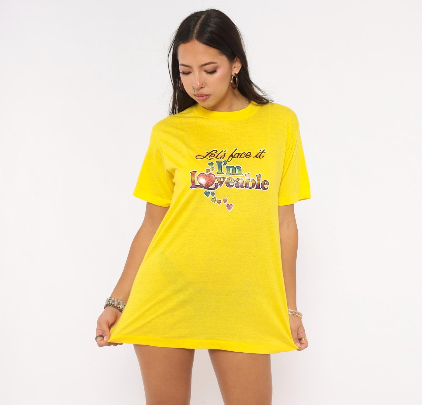 80s Ched "Let's Face It I'm Loveable" Heart Glitter Tee Yellow Graphic Slogan Large L