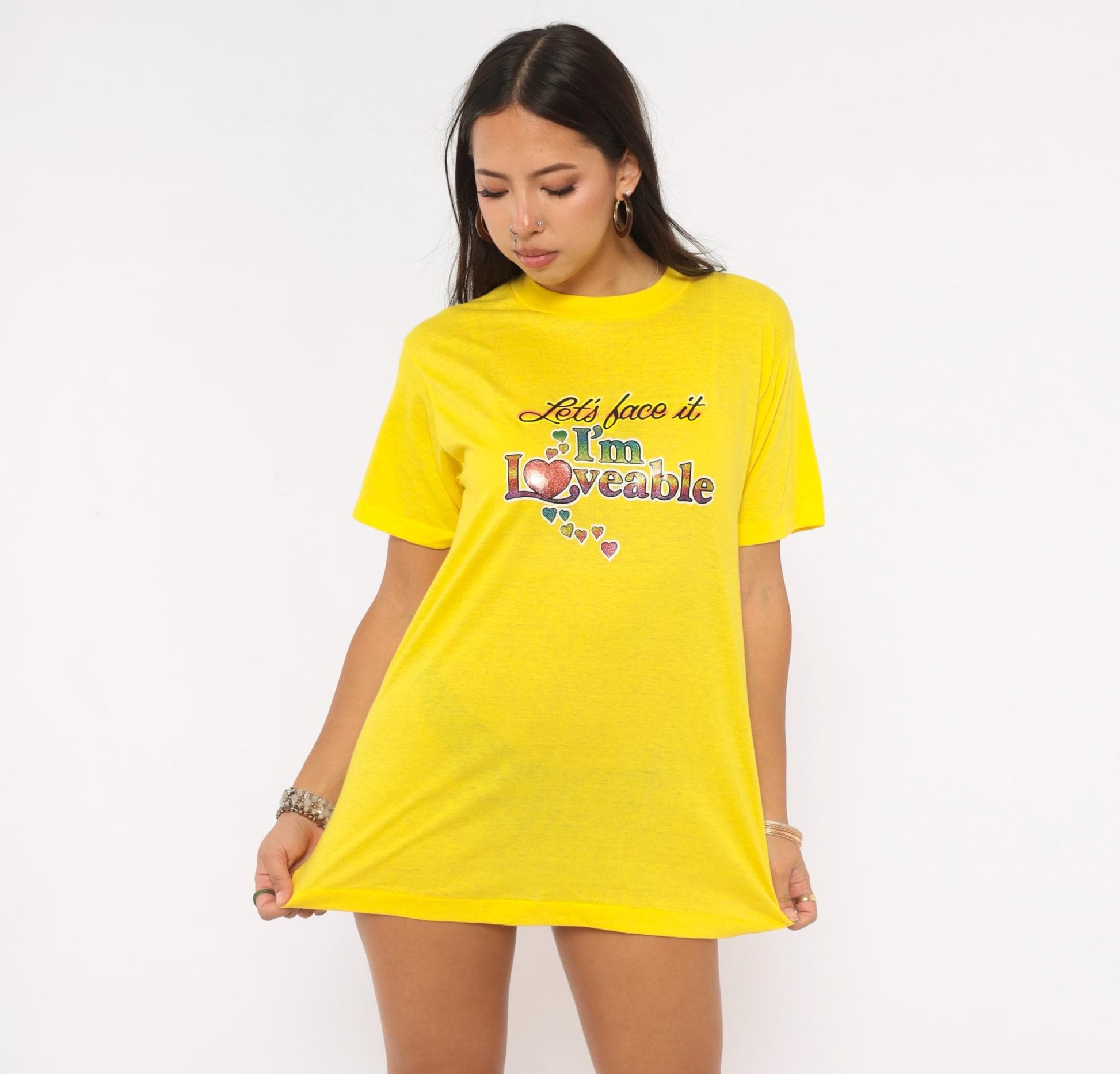 80s Ched "Let's Face It I'm Loveable" Heart Glitter Tee Yellow Graphic Slogan Large L