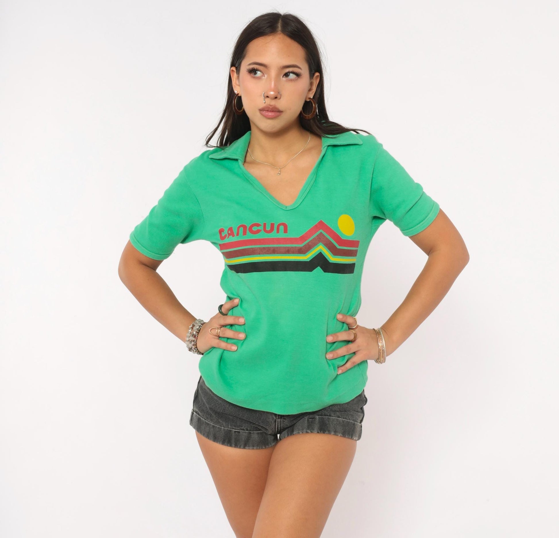 80s Zaky Sport Cancun Sunset Polo Green V-Neck Graphic Shirt Medium