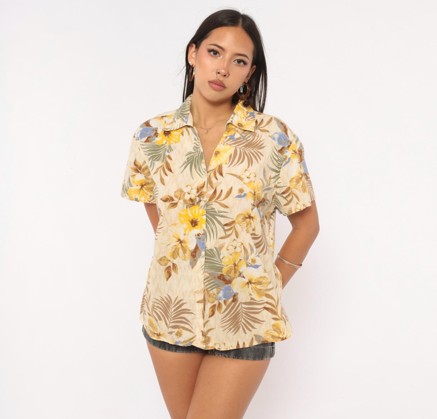 2000s Erika Hawaiian Camp Collar Shirt Cream Floral Yellow Palm Large L