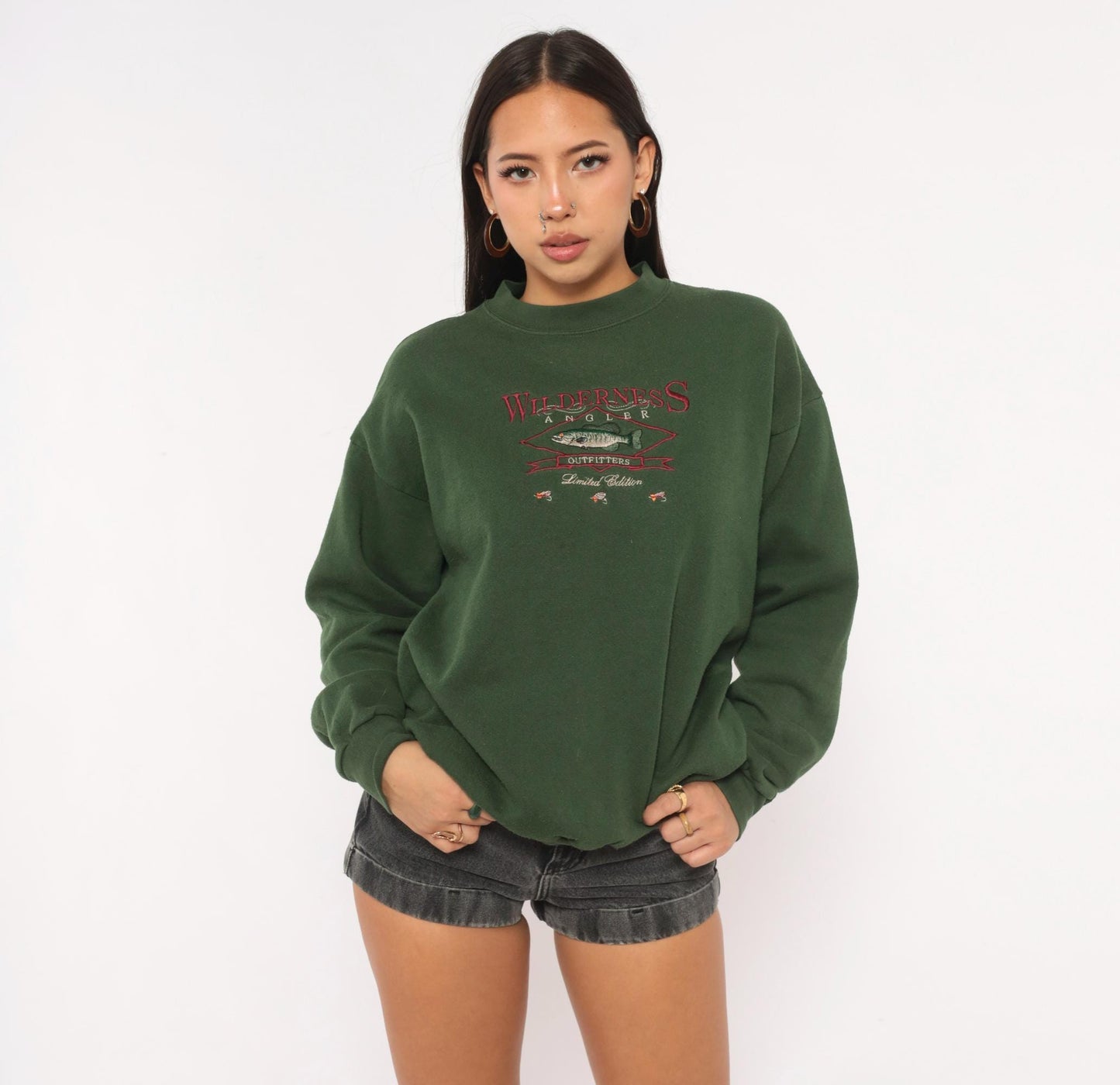 90s Tultex Wilderness Angler Embroidered Fish Sweatshirt Olive Green Large L