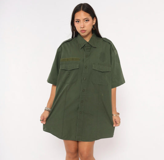 90s Camco Military Shirt Olive Green Button-Up Utility Epaulette Extra Large