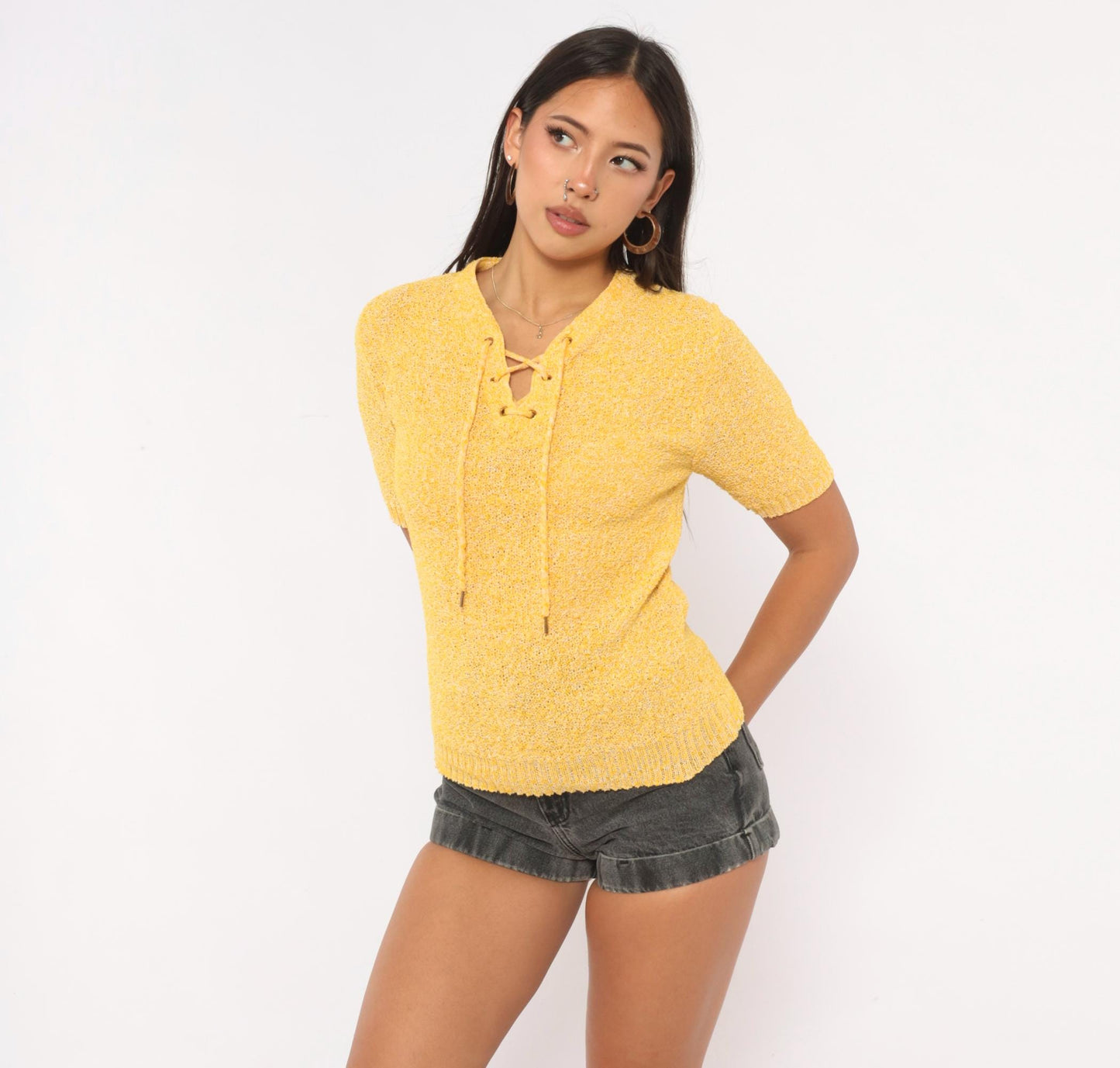 70s Sears Yellow Bouclé Knit Top Lace-Up V-Neck Short Sleeve Small Medium