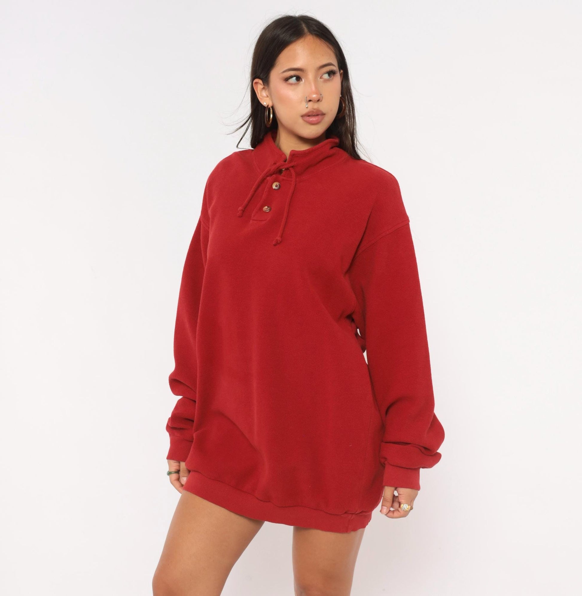90s Crazy Shirt Cranberry Henley Sweatshirt Cotton Mock Neck Drawstring Large L