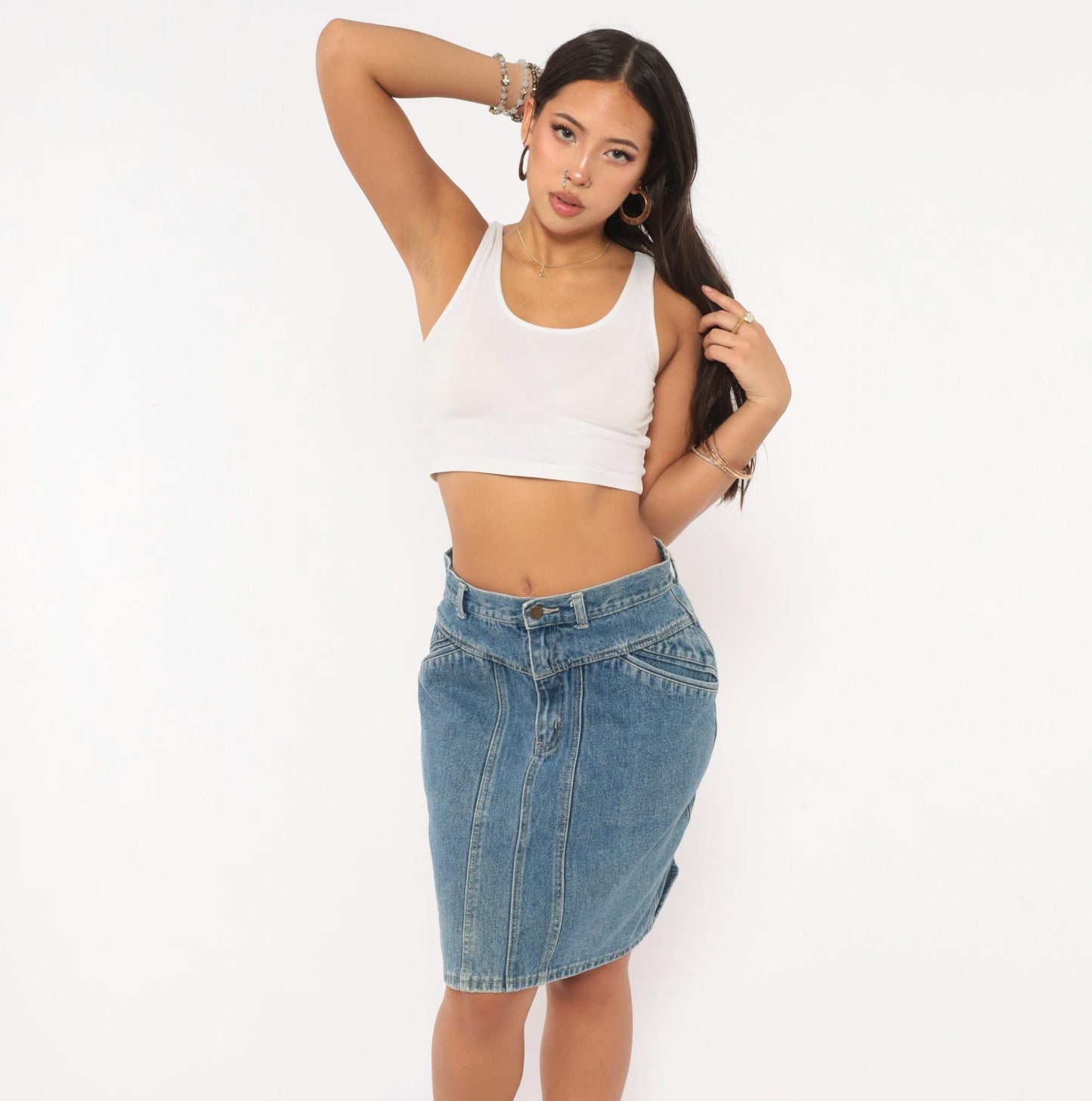 90s Stefano Denim Pencil Skirt High Waist Paneled Seam Blue Cotton Medium M