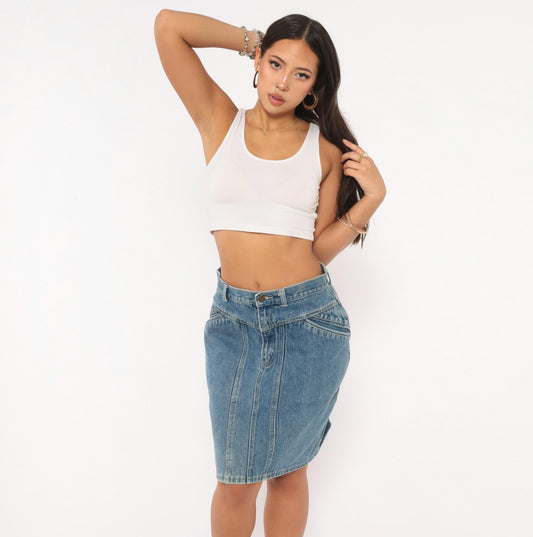90s Stefano Denim Pencil Skirt High Waist Paneled Seam Blue Cotton Medium M