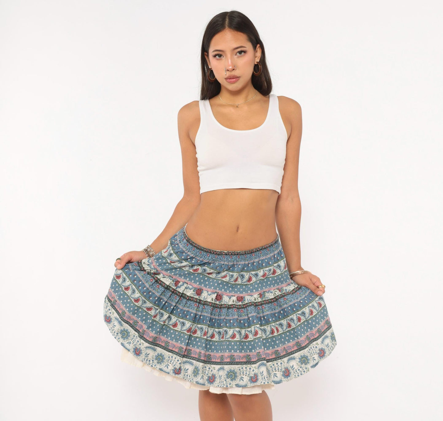 90s New Girls' Generation Tiered Prairie Skirt Blue Burgundy Floral Large L