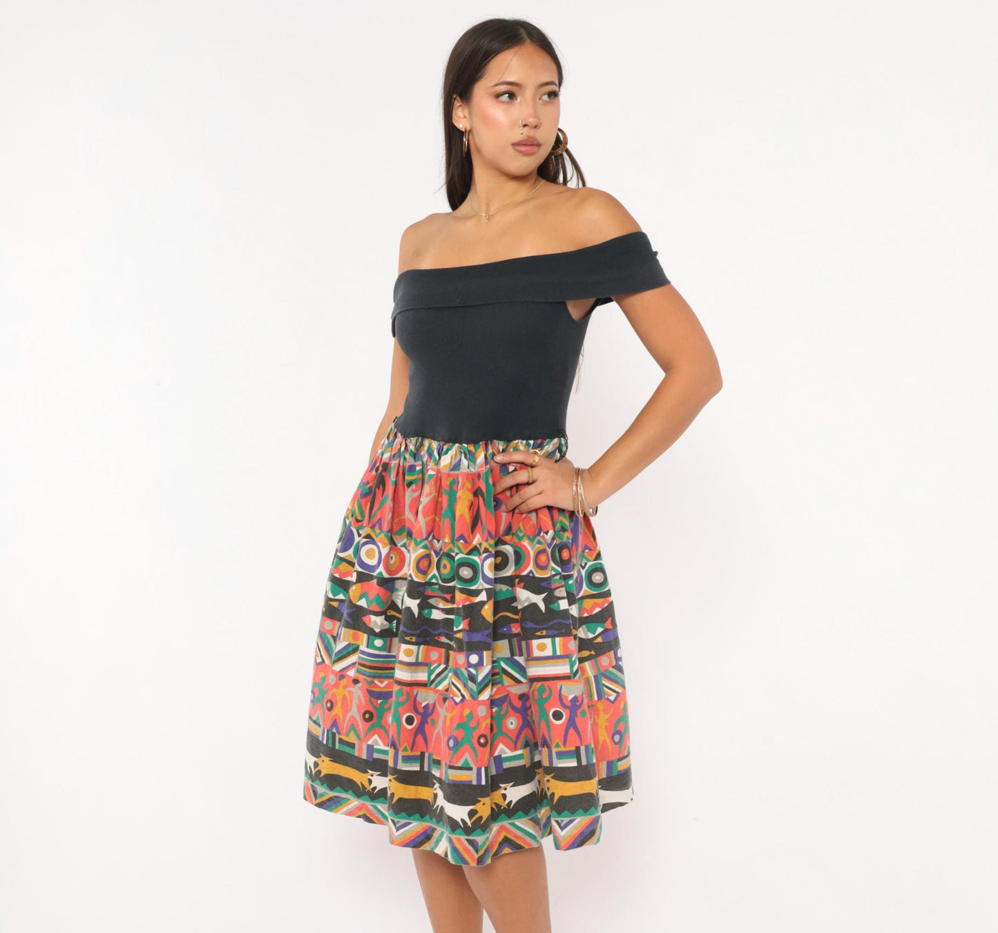 90s Victoria Off-Shoulder Dress Black Multicolor Fish Print Knee-Length Small S