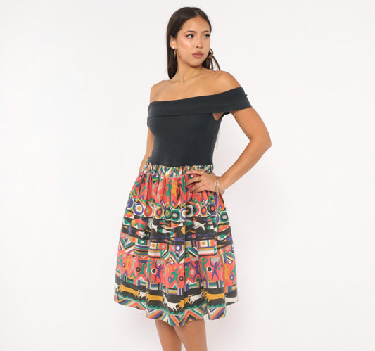 90s Victoria Off-Shoulder Dress Black Multicolor Fish Print Knee-Length Small S