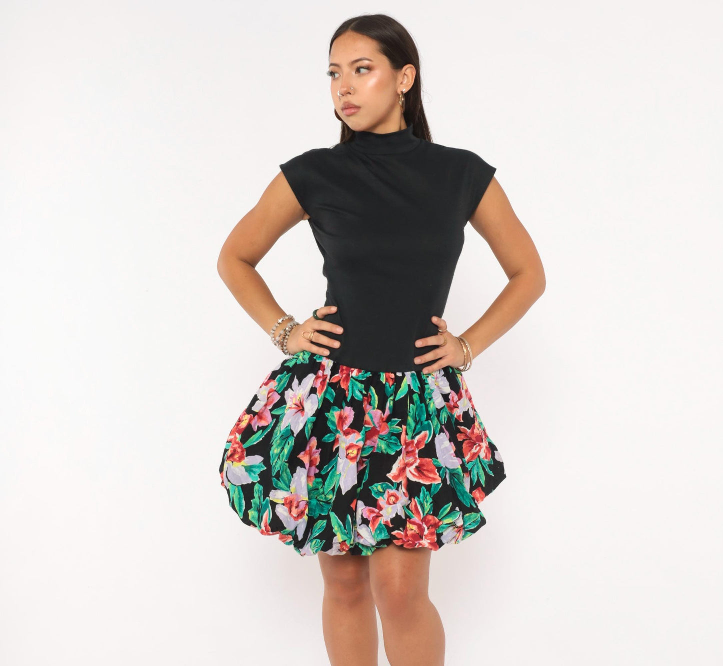 80s Byer Too! Floral Bubble Mini Dress Mock Neck Cap Sleeve Black Small