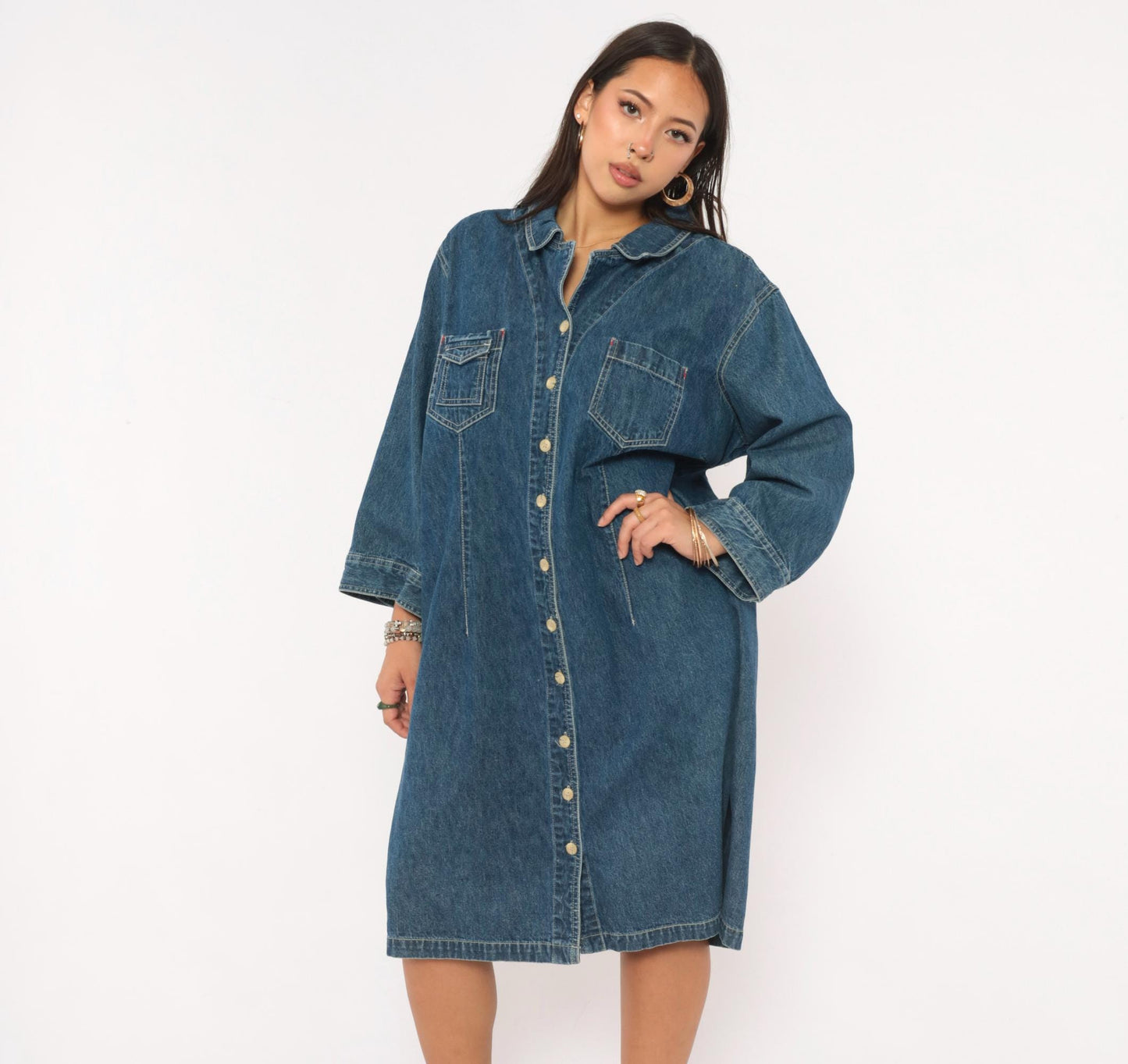 90s Carolina Blues Denim Shirt Dress Navy Button Front Cotton Plus Size XXL