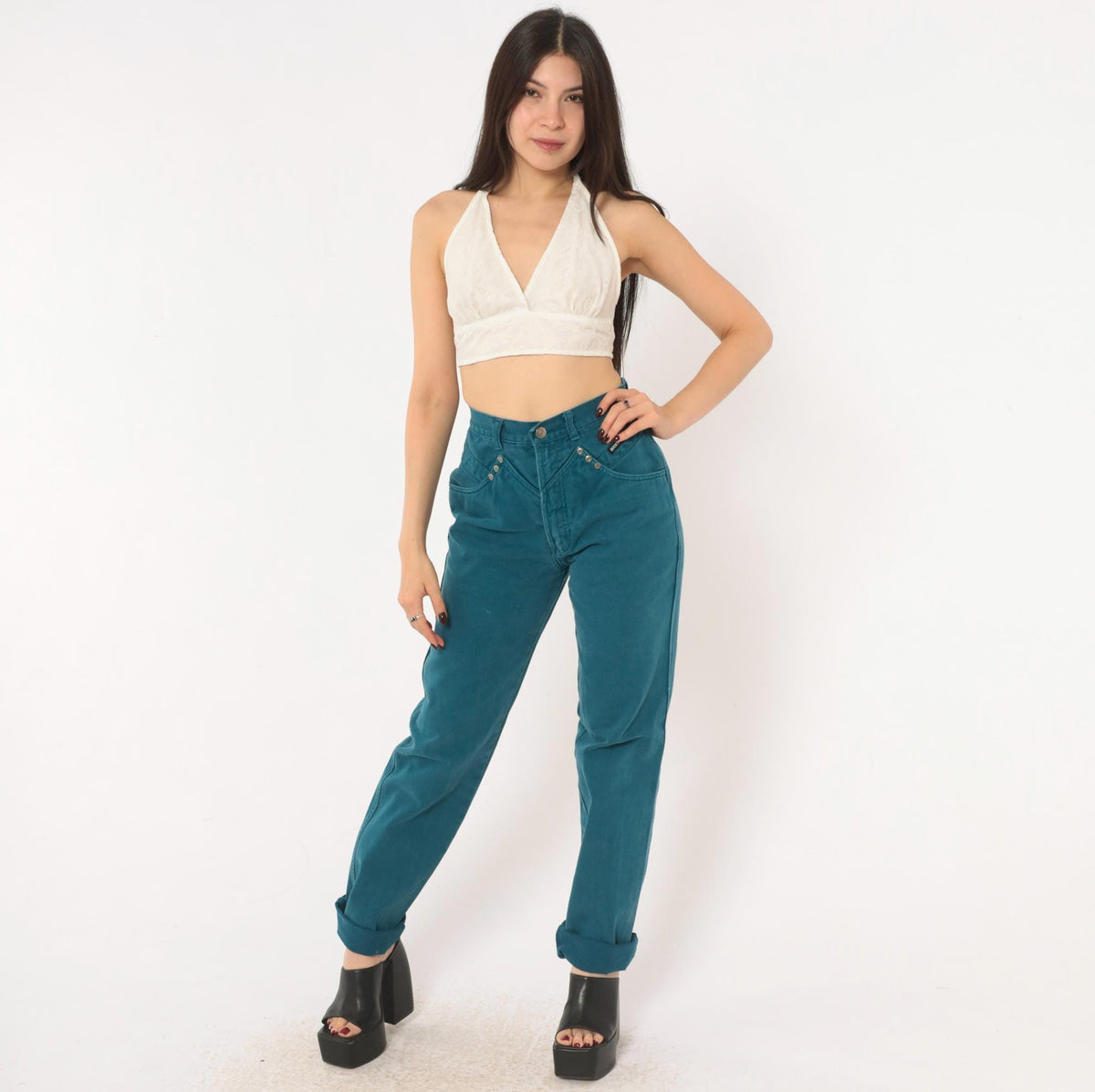 90s Rocky Mountain Teal Denim High Waist Mom Jeans Tapered Straight Leg Extra Small XS