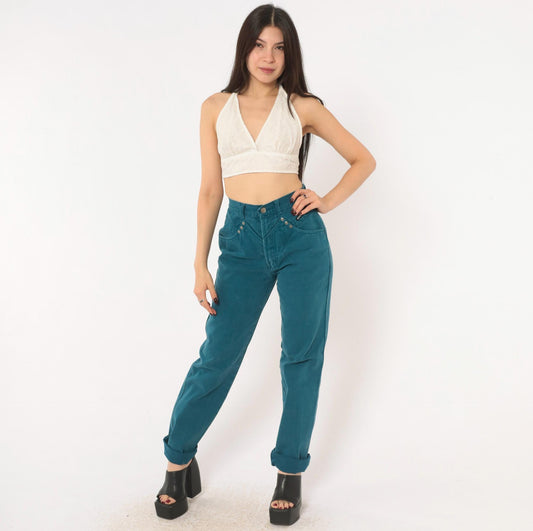 90s Rocky Mountain Teal Denim High Waist Mom Jeans Tapered Straight Leg Extra Small XS