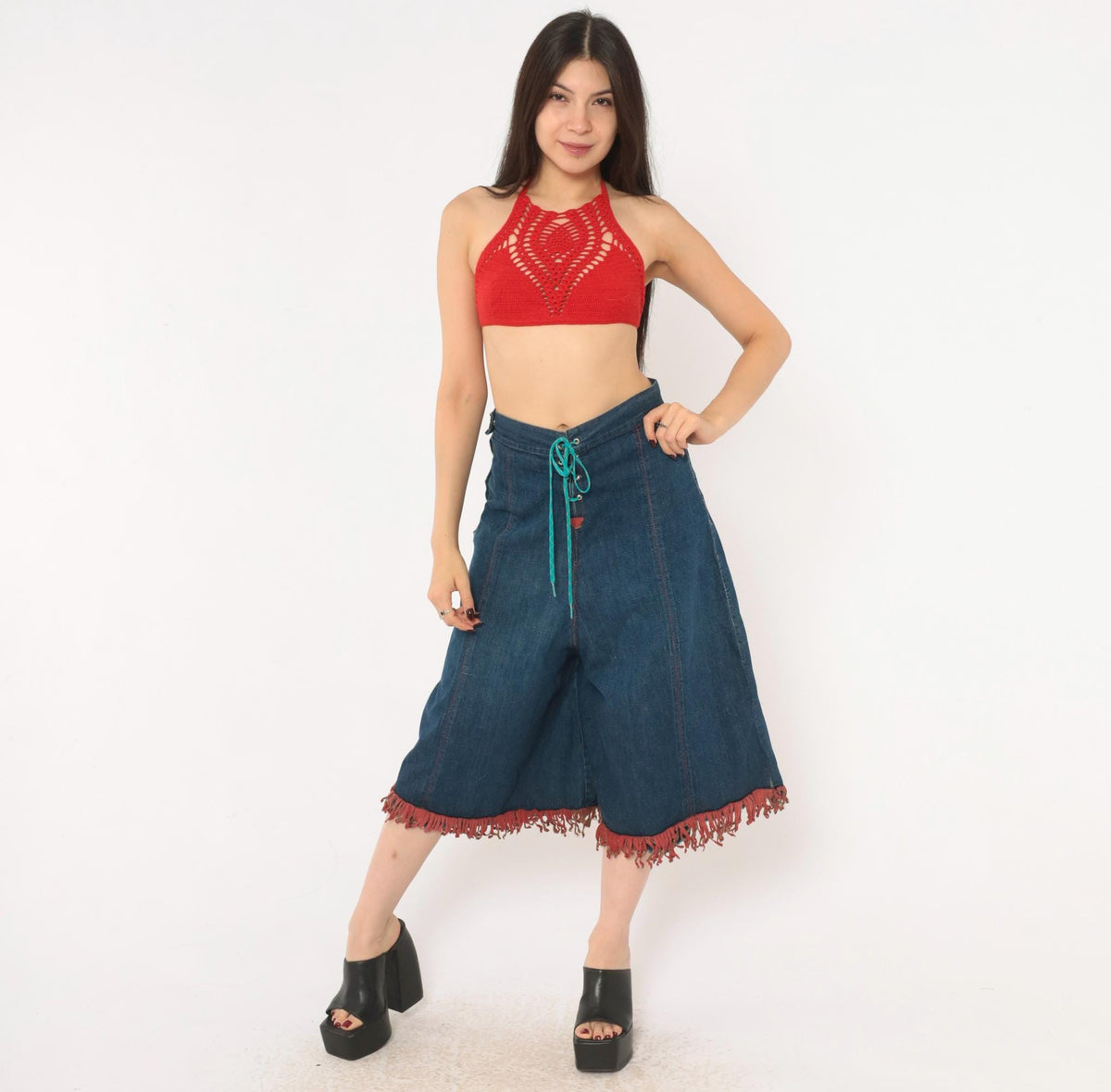 80s Blue Denim Wide Leg Shorts Red Fringe Lace Up Front Studded Medium M