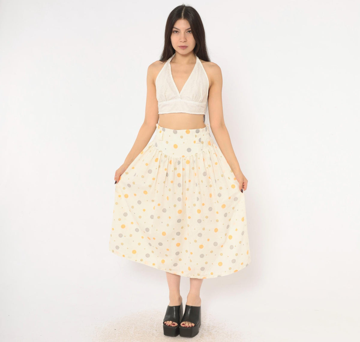 90s Polka Dot Midi Skirt Cream Orange Gray Cotton Gathered High Waist Medium