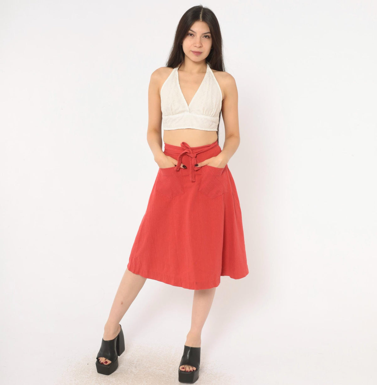 70s Ardee Rust Wrap Skirt A-Line Tie Waist Linen Blend Extra Small XS