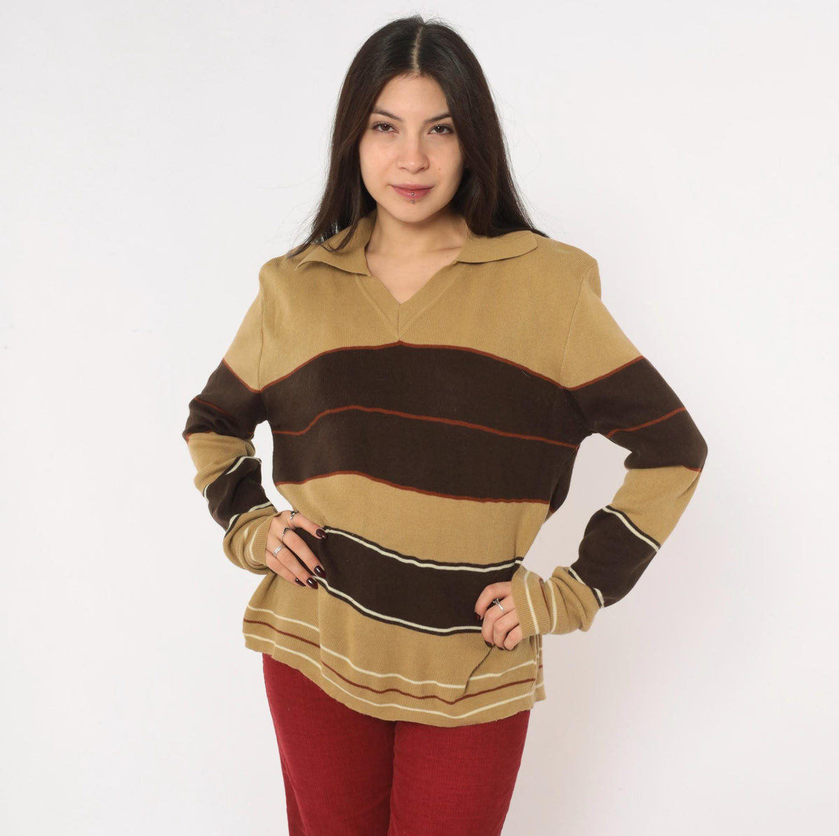 80s Alfie California Striped Polo Sweater Brown Tan Rust Medium