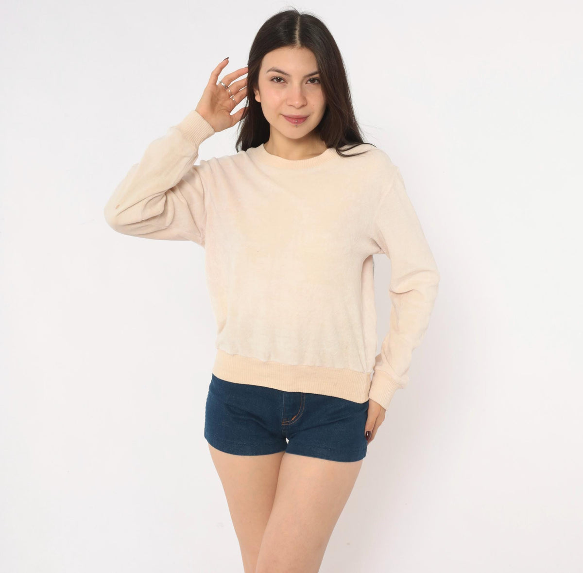80s St Martine Velour Sweatshirt Cream Blush Pink Ribbed Crew Pullover Medium