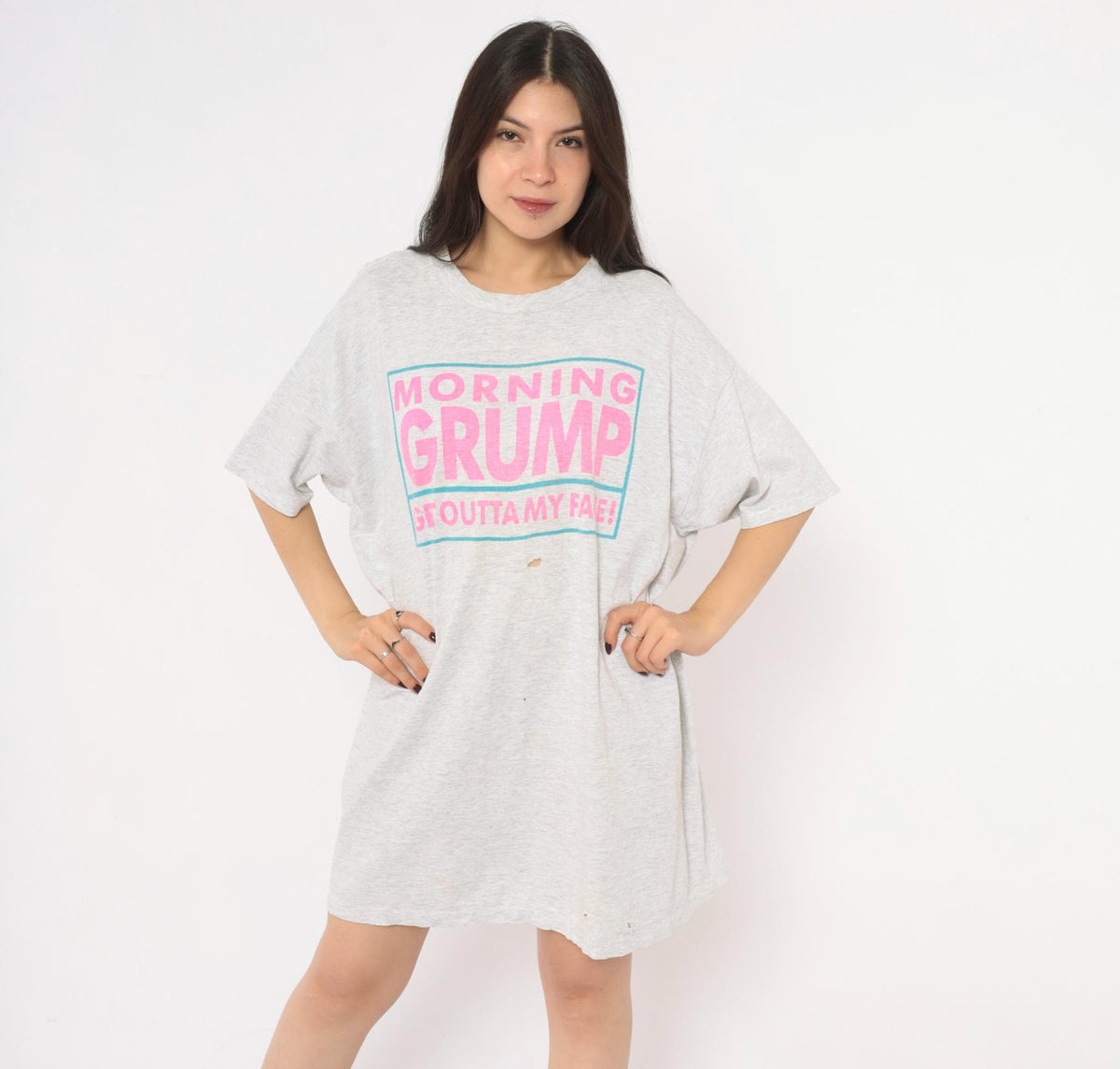 90s Cigli Slogan T-Shirt Dress Grey Heather Cotton Pink Teal Print Small