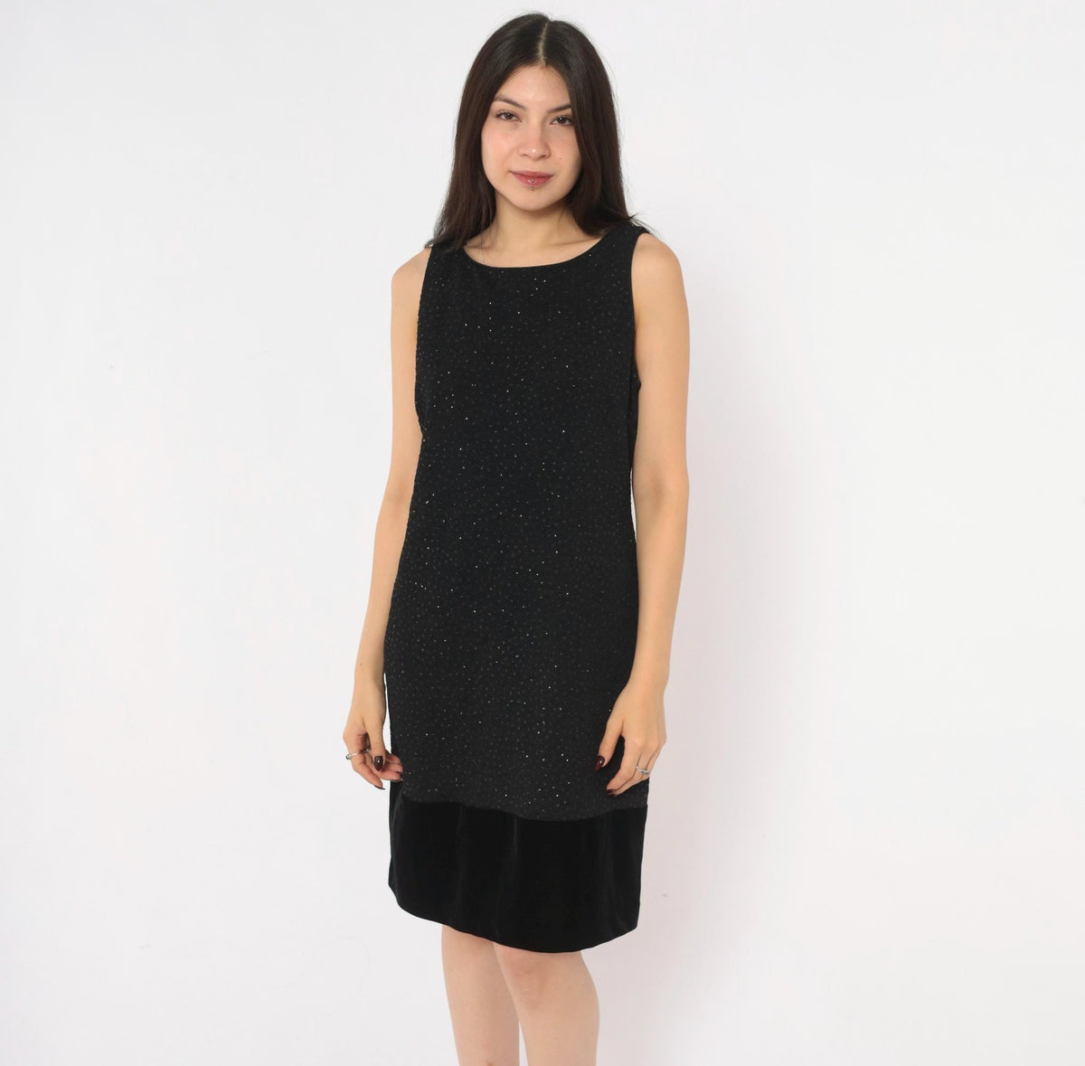 90s Jessica Howard Black Glitter Dress Velvet Trim V Back Knee Length Medium M