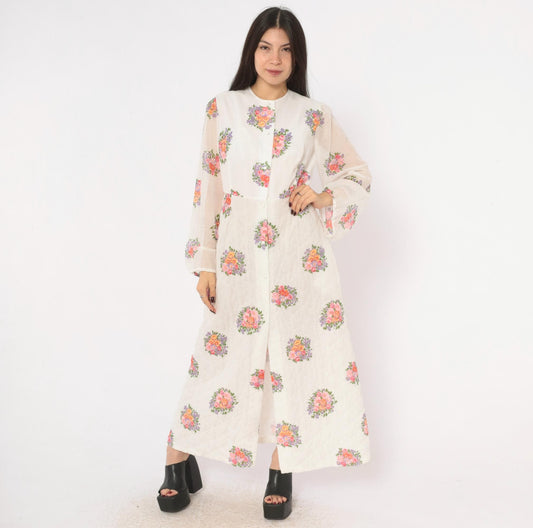 70s White Floral Quilted Maxi Dress Balloon Sleeve Button Front Small