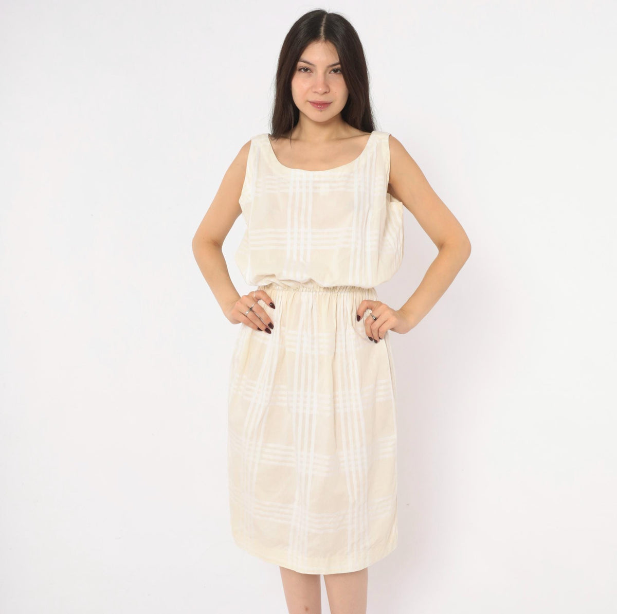 80s Cream Plaid Sleeveless Sundress Scoop Neck Blouson Waist Medium M