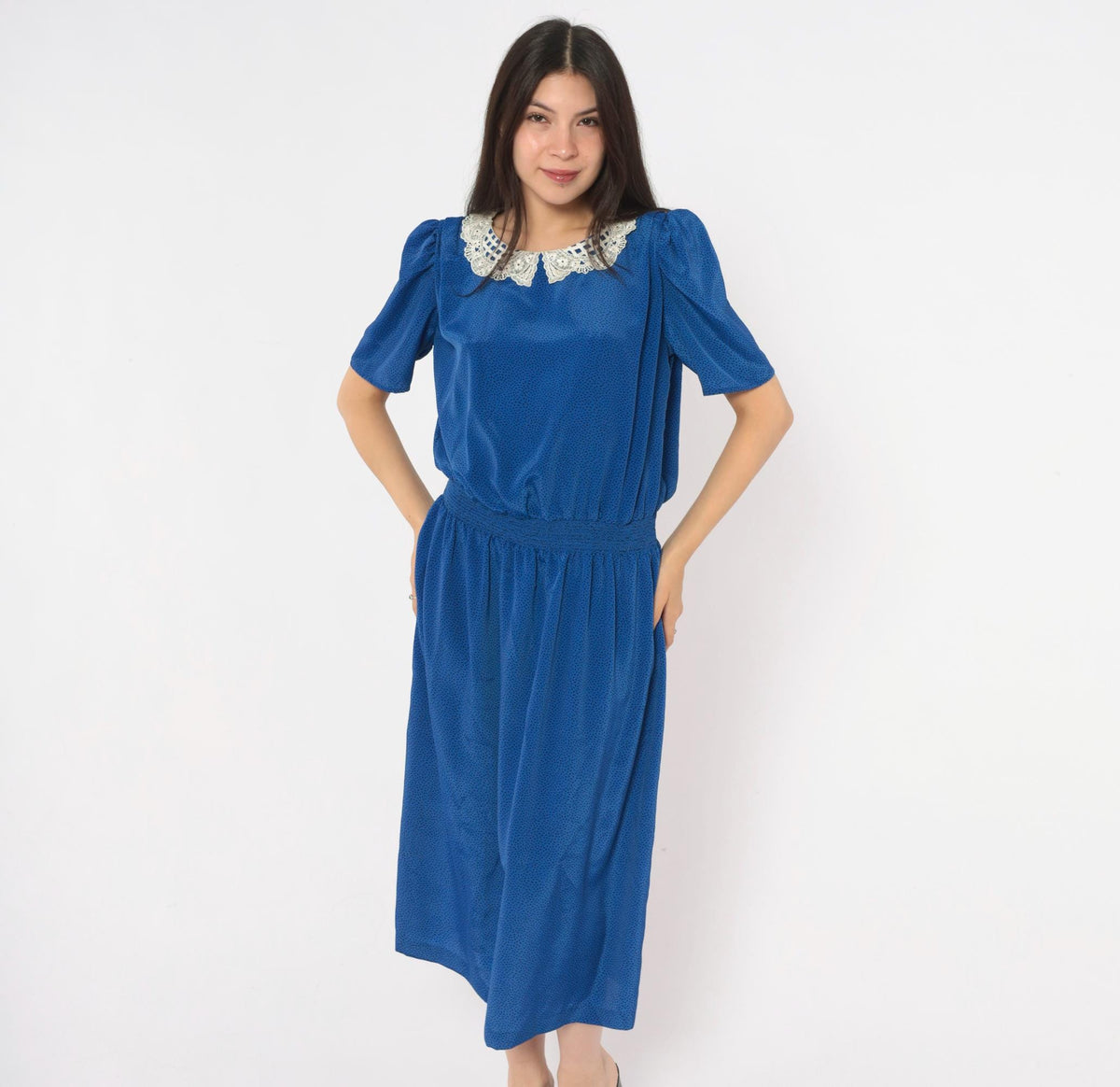 80s Stuart Alan Cobalt Midi Dress Lace Collar Puff Sleeve Dot Print Medium