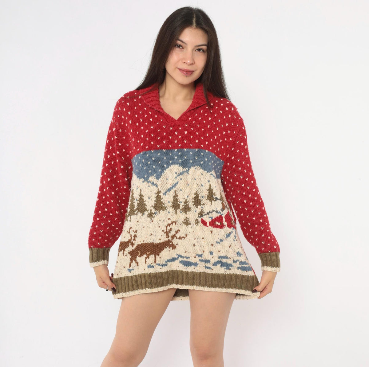 90s Liz Claiborne Hand Knit Reindeer Sweater Red Shawl Collar Small